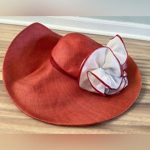 Vintage Anita Pineault large straw hat pink salmon